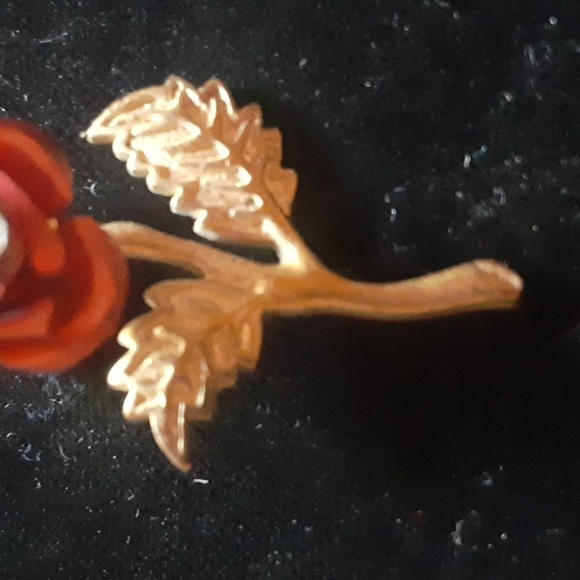 Red and Gold Tone Floral Brooch with Intricate Rose Design with Faux Rhinestone - Picture 4 of 5